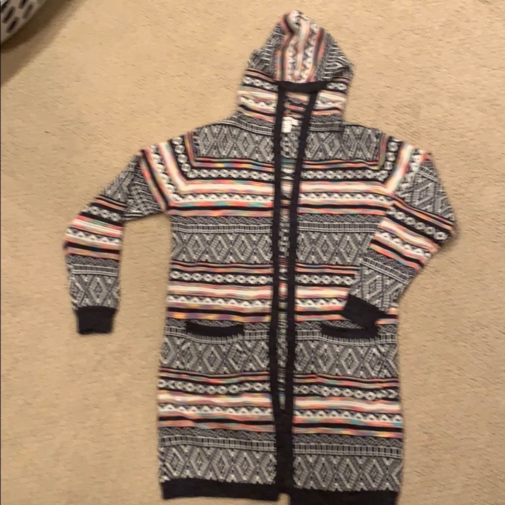 Long multi colored cardigan with hood